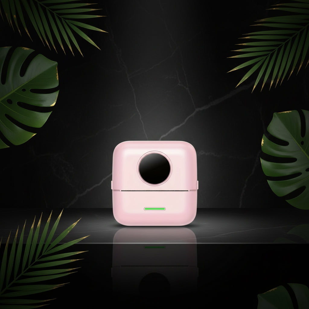 A portable mini thermal printer in pink color, showing the front, side, and back views with dimensions.