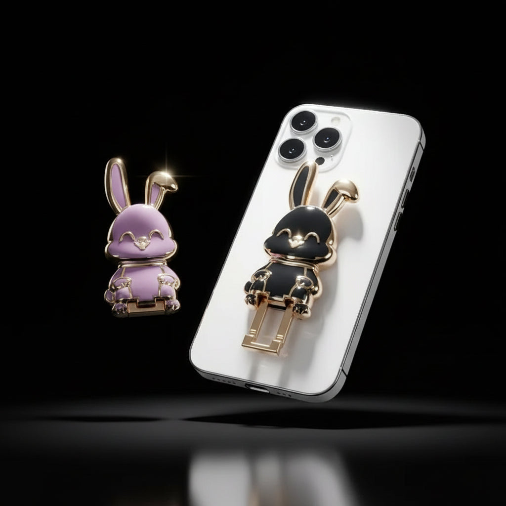 Ultra-Thin Cartoon Rabbit Phone Stand - Universal Finger Ring Holder with Foldable Design and Adhesive Support Frame