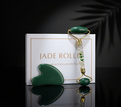 Green Aventurine Jade Roller Massage Guasha Board Natural Crystal Stone Gouache Scraper Face Massager Anti Wrinkle Beauty Tools-Horn C Set No Box
