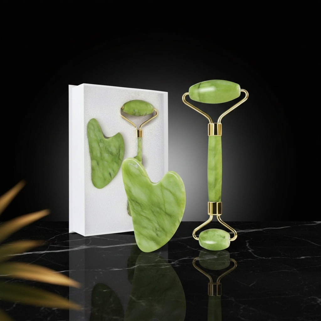 GUGUG Jade Roller and Gua Sha Set, Rose Quartz Roller with Guasha Stone, Facial Roller for Women, Massage Tool for Face, Neck and Body Muscles Relaxing