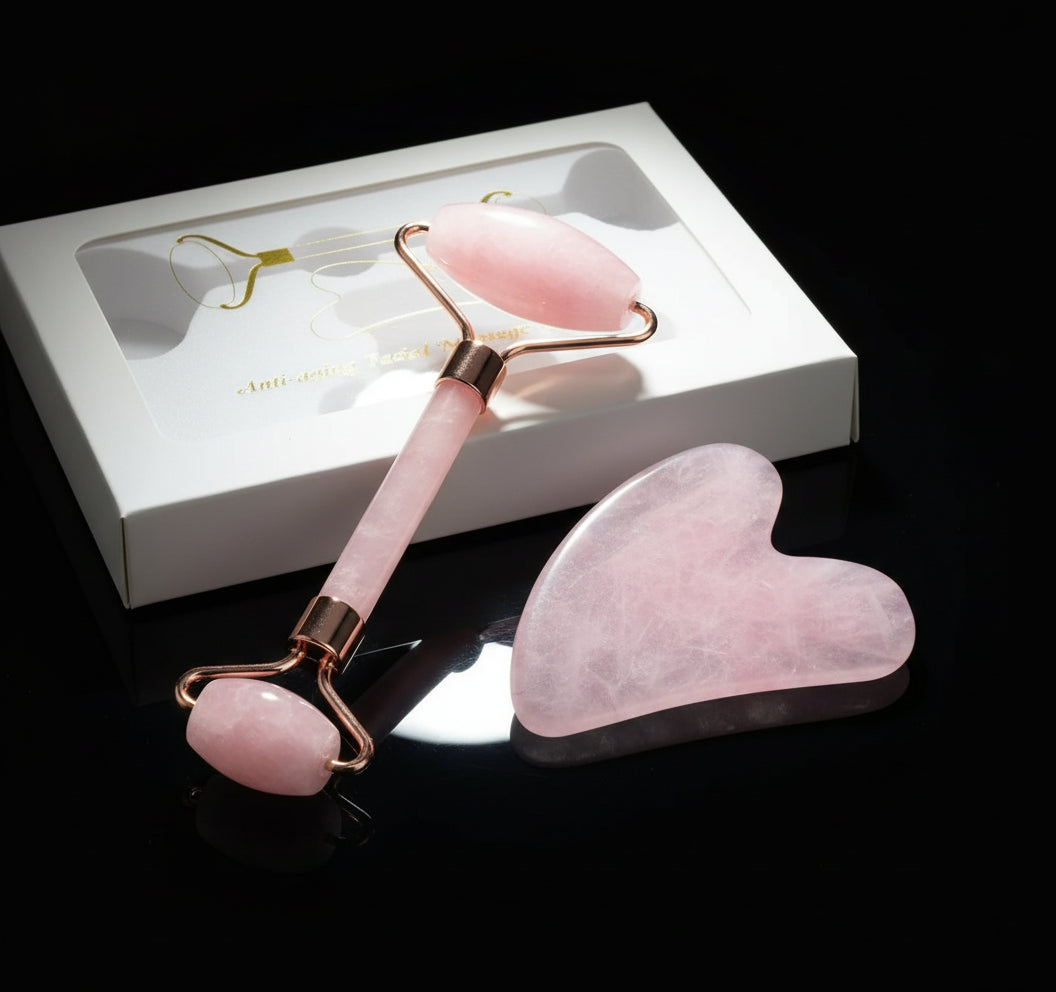 GeeRic Jade Roller & Gua Sha Scraping Massage Tool Anti-Aging Quartz 100% Natural Facial Jade Stone Set - Face Eye Neck Beauty Roller for Slimming & Firming - Rejuvenate Skin and