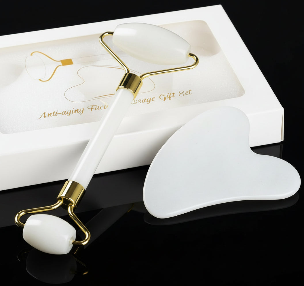 Gua Sha Jade Roller for the Face, GeeRic Gua Sha Tool Jade Roller for Facial Massage Tools, Natural Jade Roller Set of Soothing Stone, Eliminates Eye Swelling, Skin, Face,