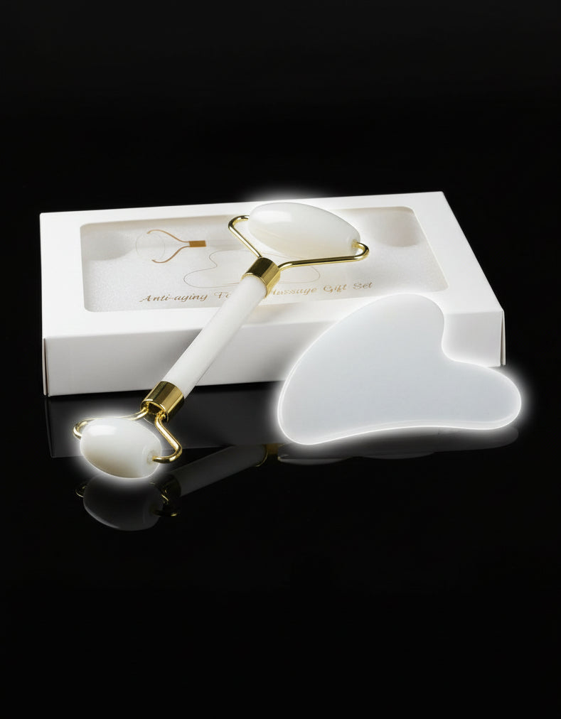 GeeRic Jade Roller & Gua Sha Scraping Massage Tool Anti-Aging Quartz 100% Natural Facial Jade Stone Set - Face Eye Neck Beauty Roller for Slimming & Firming - Rejuvenate Skin and