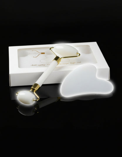 GeeRic Jade Roller & Gua Sha Scraping Massage Tool Anti-Aging Quartz 100% Natural Facial Jade Stone Set - Face Eye Neck Beauty Roller for Slimming & Firming - Rejuvenate Skin and