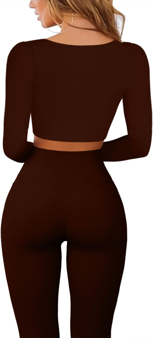 QINSEN Workout Sets for Women 2 Piece Seamless Long Sleeve Crop Tops Ribbed High Waist Leggings