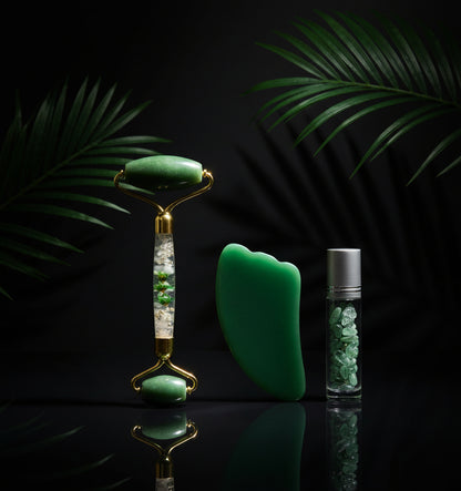 Green Aventurine Jade Roller Massage Guasha Board Natural Crystal Stone Gouache Scraper Face Massager Anti Wrinkle Beauty Tools-Horn C Set No Box