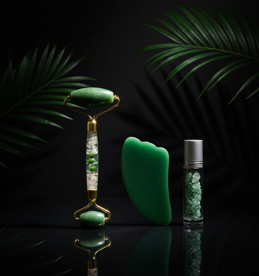 Green Aventurine Jade Roller Massage Guasha Board Natural Crystal Stone Gouache Scraper Face Massager Anti Wrinkle Beauty Tools-Horn C Set No Box
