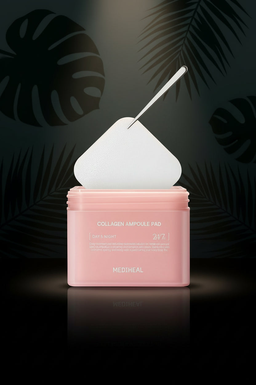 MEDIHEAL Collageen Ampoule Pad - Vierkante Katoenen Gezichtstoner Pads Collageen & Ceramide - Huidversteviging & Elasticiteit Herstellen - Rimpels & Lijntjes Strakker - Vegan Eco Silk Pads, 100 Pads