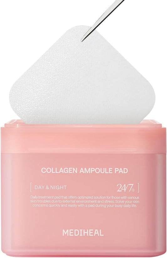 MEDIHEAL Collageen Ampoule Pad - Vierkante Katoenen Gezichtstoner Pads Collageen & Ceramide - Huidversteviging & Elasticiteit Herstellen - Rimpels & Lijntjes Strakker - Vegan Eco Silk Pads, 100 Pads