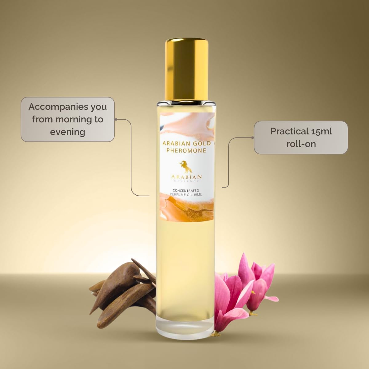 Arabian Gold Pheromone Roll-on Perfume Oil | Concentrated Fragrance | Long Lasting Oil Based Perfume for Men and Women | Travel Size Bottle Alcohol-Free (15ml)