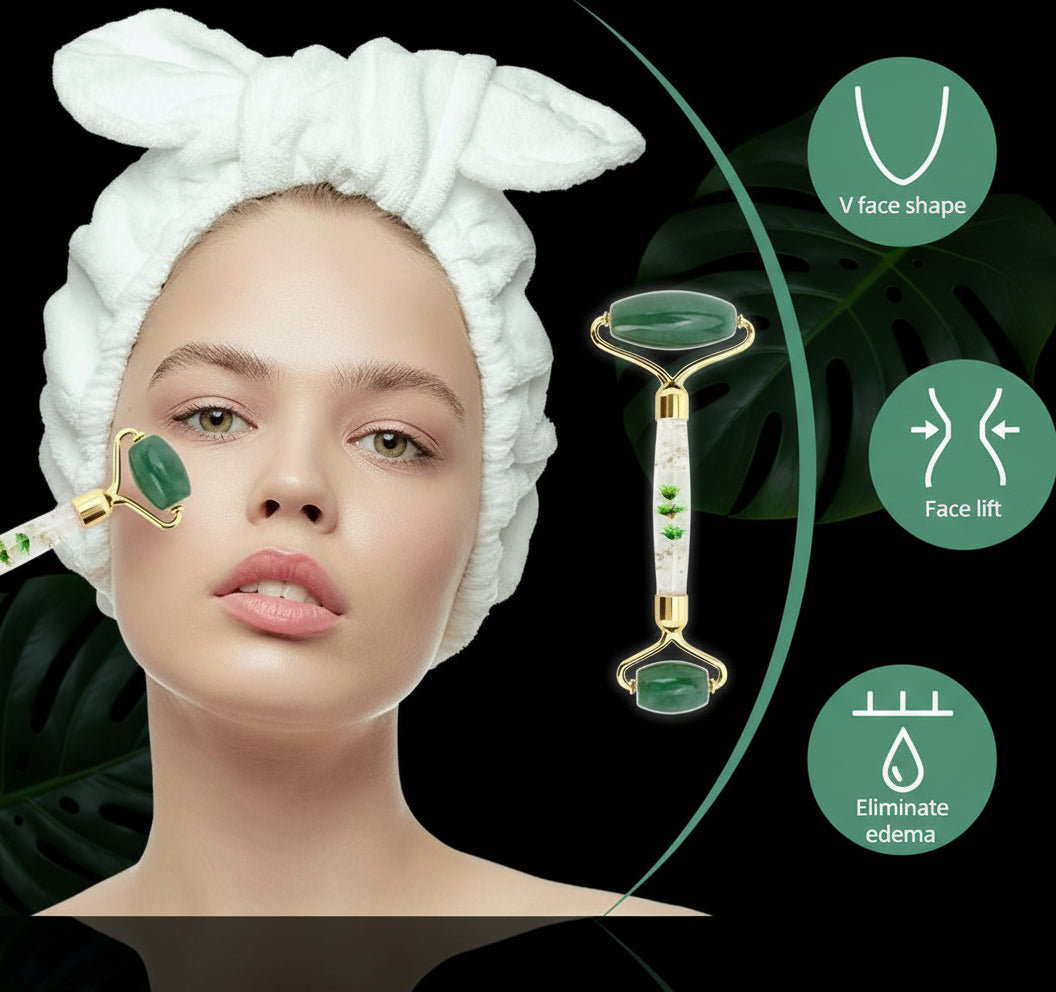 Green Aventurine Jade Roller Massage Guasha Board Natural Crystal Stone Gouache Scraper Face Massager Anti Wrinkle Beauty Tools-Horn C Set No Box