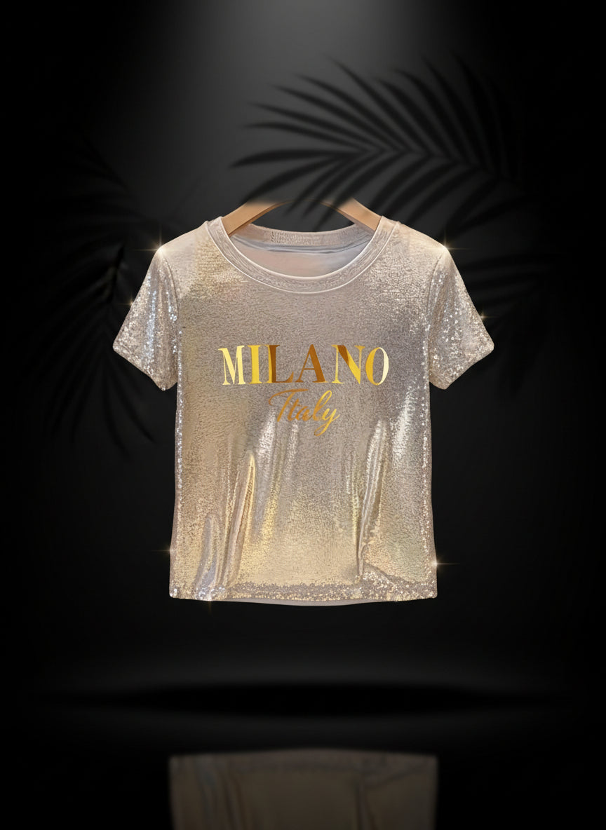 Milano Italy" Graphic T-Shirt - Sparkling Champagne Golden
