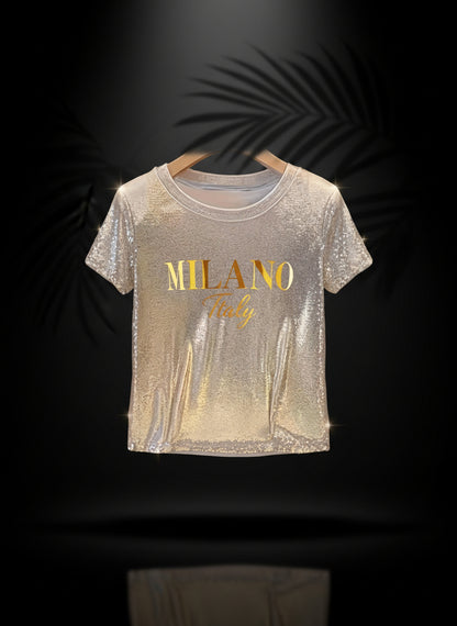 Milano Italy" Graphic T-Shirt - Sparkling Champagne Golden