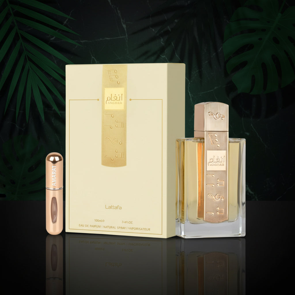 Angham Original Eau de Parfum, 100 ml, Arabic Perfume Long Life, Includes Refillable Atomizer, 5 ml, Oriental Fragrance with Notes of Mandarin, Pink Pepper and Vanilla (Angham)