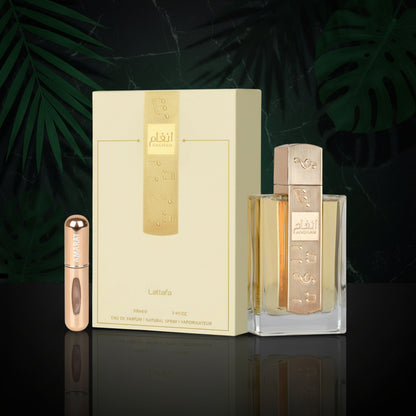 Angham Original Eau de Parfum, 100 ml, Arabic Perfume Long Life, Includes Refillable Atomizer, 5 ml, Oriental Fragrance with Notes of Mandarin, Pink Pepper and Vanilla (Angham)