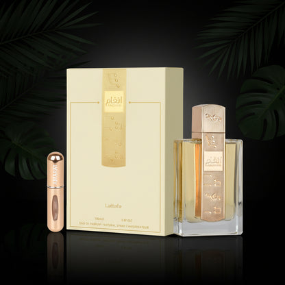 Angham Original Eau de Parfum, 100 ml, Arabic Perfume Long Life, Includes Refillable Atomizer, 5 ml, Oriental Fragrance with Notes of Mandarin, Pink Pepper and Vanilla (Angham)