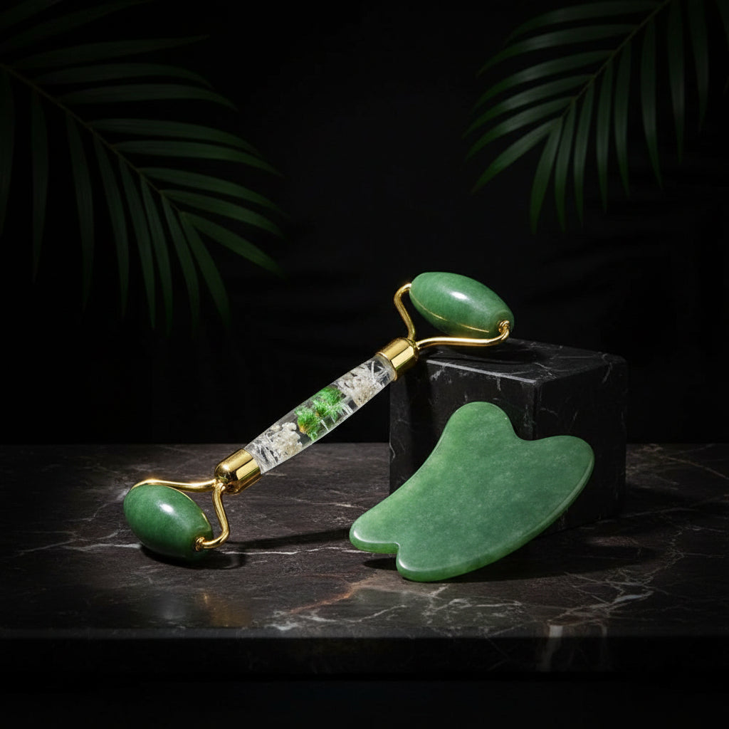 Green Aventurine Jade Roller Massage Guasha Board Natural Crystal Stone Gouache Scraper Face Massager Anti Wrinkle Beauty Tools-Horn C Set No Box