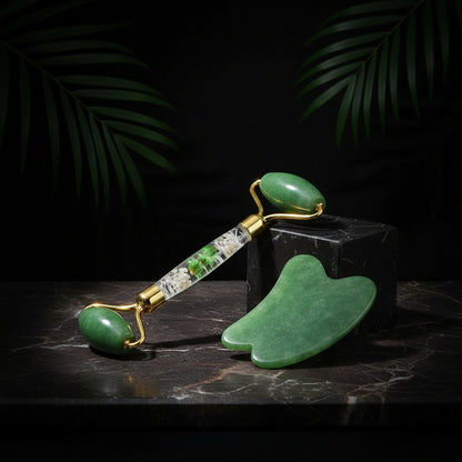 Green Aventurine Jade Roller Massage Guasha Board Natural Crystal Stone Gouache Scraper Face Massager Anti Wrinkle Beauty Tools-Horn C Set No Box