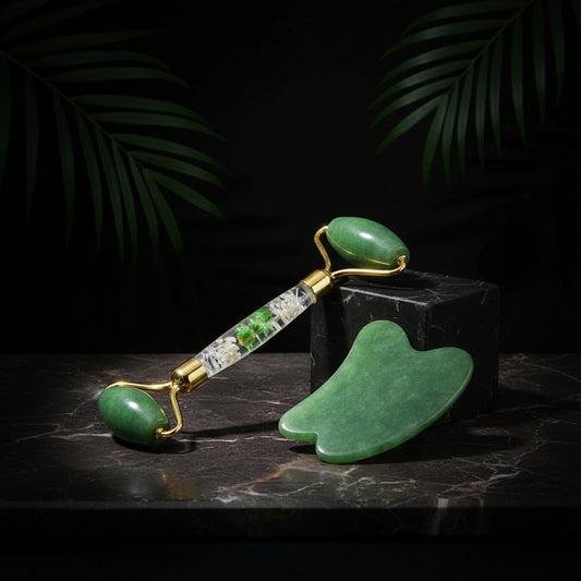 Green Aventurine Jade Roller Massage Guasha Board Natural Crystal Stone Gouache Scraper Face Massager Anti Wrinkle Beauty Tools-Horn C Set No Box