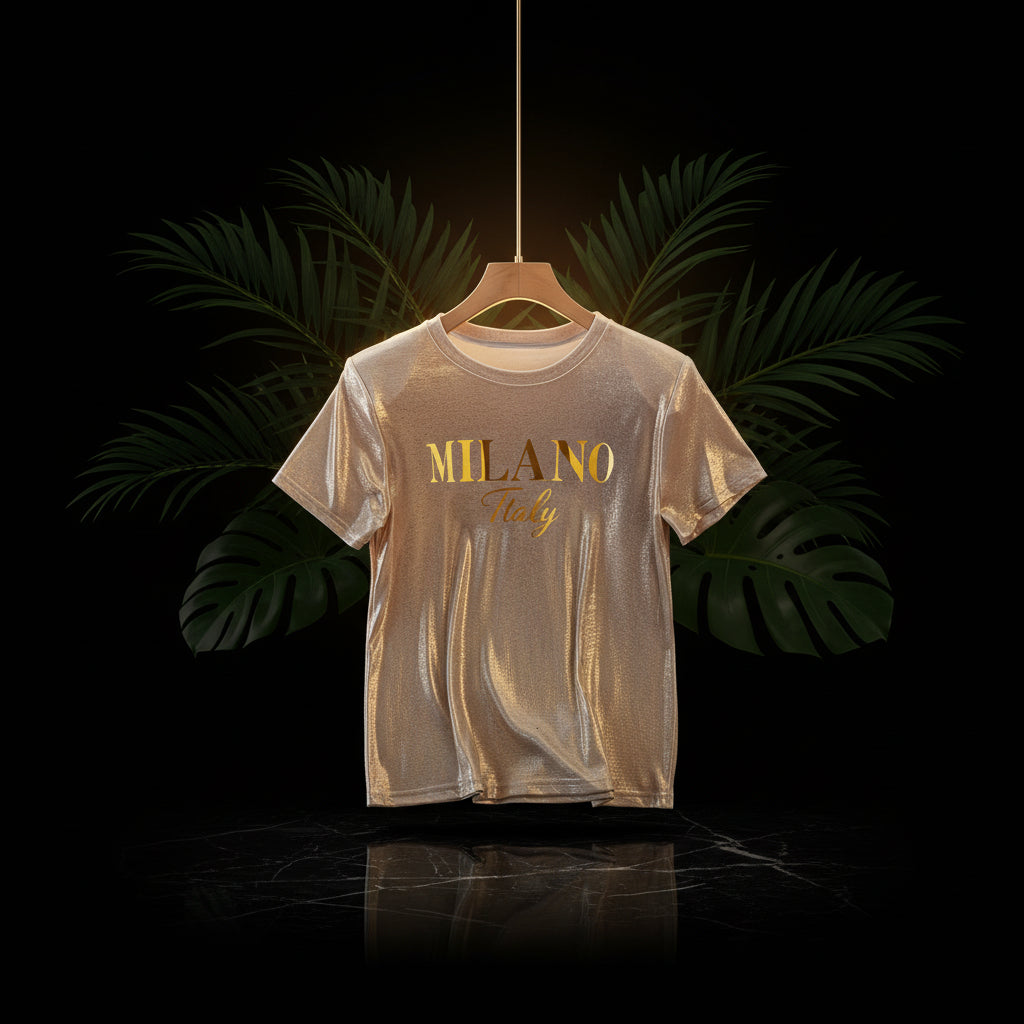 A sparkling champagne golden graphic t-shirt with 'MILANO Italy' printed on the front, displayed on a beige background.