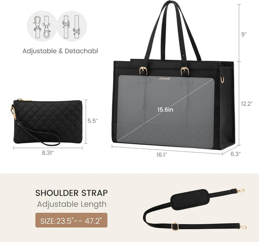 LOVEVOOK Fashion Laptop Tote Bag for Women, 15.6 inch, Black