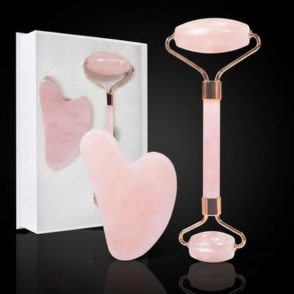 GUGUG Jade Roller and Gua Sha Set, Rose Quartz Roller with Guasha Stone, Facial Roller for Women, Massage Tool for Face, Neck and Body Muscles Relaxing