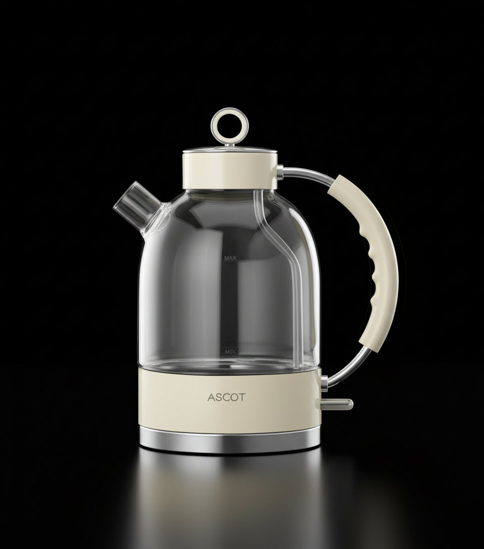 ASCOT Electric Kettle, Glass Electric Tea Kettle Gifts for Men/Women/Family 1.5L 1500W Borosilicate Glass Tea Heater, with Auto Shut-Off and Boil-Dry Protection (Polar White)