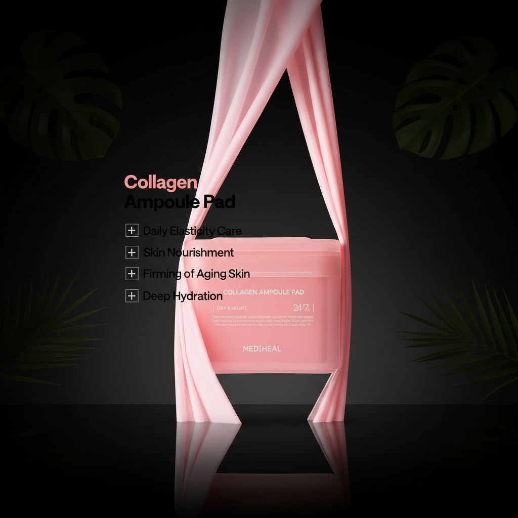 MEDIHEAL Collageen Ampoule Pad - Vierkante Katoenen Gezichtstoner Pads Collageen & Ceramide - Huidversteviging & Elasticiteit Herstellen - Rimpels & Lijntjes Strakker - Vegan Eco Silk Pads, 100 Pads