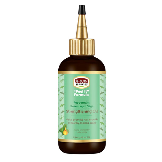 African Pride Feel-It Formula Strengthening Oil with Rosemary Oil, Peppermint Oil and Sage - Helps Promote Hair Growth, Nourishing Treatment for Split Ends and Dry Scalp for All Hair Types, 4 fl oz.