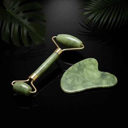GeeRic Jade Roller & Gua Sha Scraping Massage Tool Anti-Aging Quartz 100% Natural Facial Jade Stone Set - Face Eye Neck Beauty Roller for Slimming & Firming - Rejuvenate Skin and