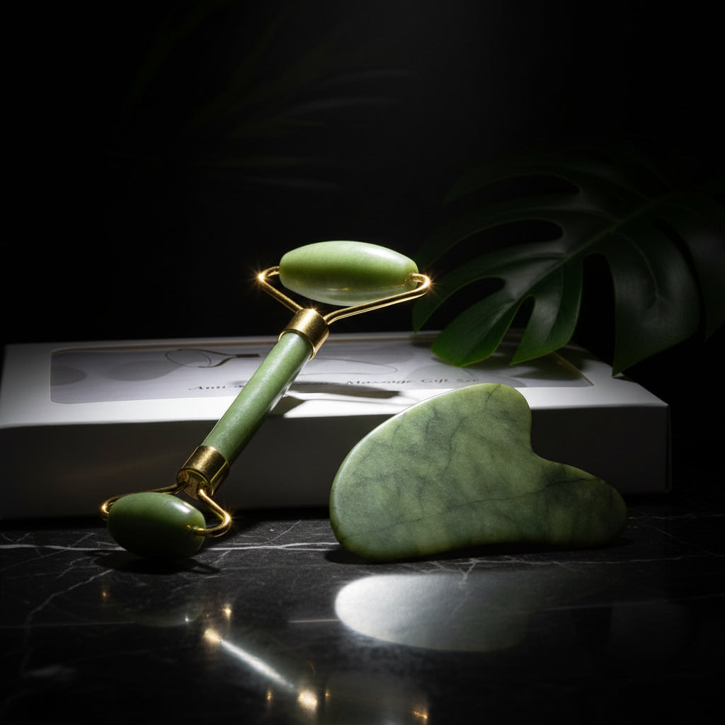 Gua Sha Jade Roller for the Face, GeeRic Gua Sha Tool Jade Roller for Facial Massage Tools, Natural Jade Roller Set of Soothing Stone, Eliminates Eye Swelling, Skin, Face,
