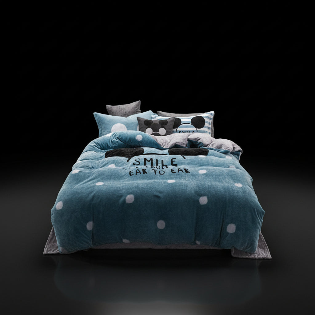 A four-piece bed sheet set with a cartoon theme, featuring a blue color with white polka dots and text, displayed on a bed with pillows and a quilt.