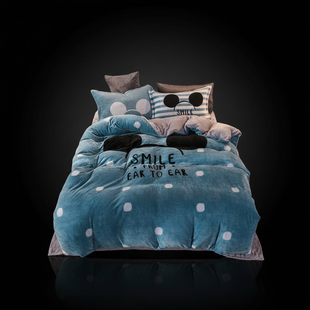 A four-piece bed sheet set with a cartoon theme, featuring a blue color with white polka dots and text, displayed on a bed with pillows and a quilt.
