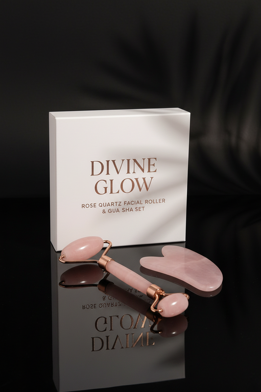 Pink rose quartz facial roller and Gua Sha set with 'Divine Glow' packaging on a pink background