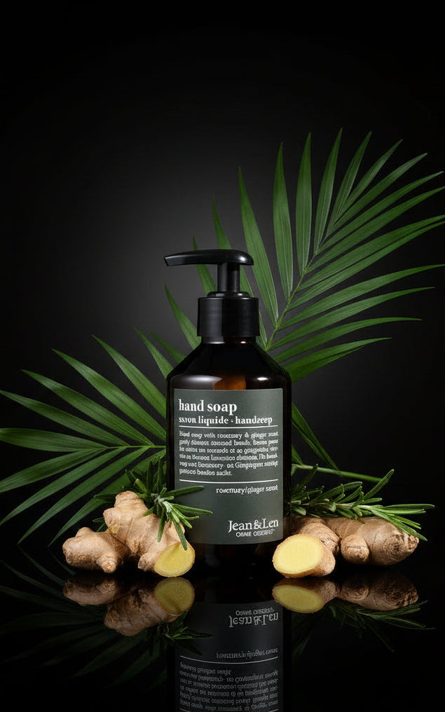 Jean & Len Handzeep Rozemarijn & Gember, reinigt gestreste handen, voor dagelijks gebruik, vloeibare zeep in navulbare pompdispenser, zonder parabenen, siliconen & microplastics, 250 ml