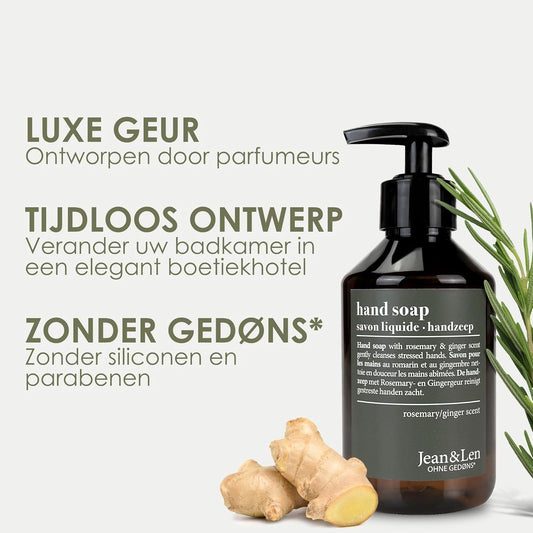 Jean & Len Handzeep Rozemarijn & Gember, reinigt gestreste handen, voor dagelijks gebruik, vloeibare zeep in navulbare pompdispenser, zonder parabenen, siliconen & microplastics, 250 ml