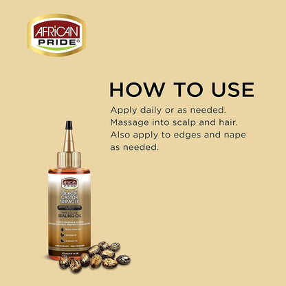 African Pride Black Castor Miracle Hair & Scalp Sealing Oil - Locks in Moisture & Soothes, Contains Black Castor Oil, Tea Tree Oil, Soybean Oil 6 oz (3 Pack)
