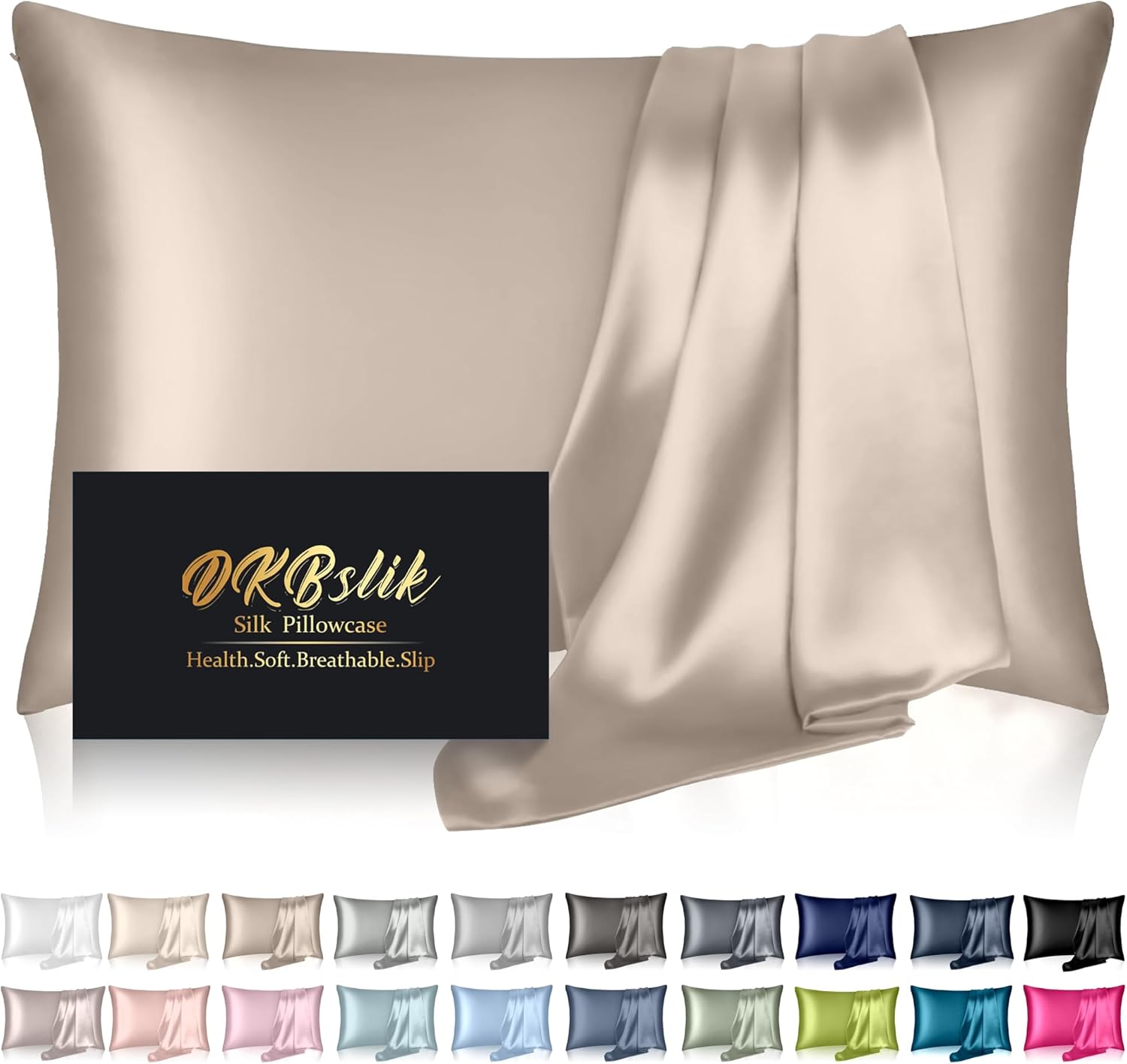 Silk Pillowcase for Hair and Skin, Mulberry Silk Pillow Cases Standard Size, Anti Acne Cooling Sleep Both Sides Natural Silk Satin Pillow Covers with Hidden Zipper, Gifts for Women Men, Champagne