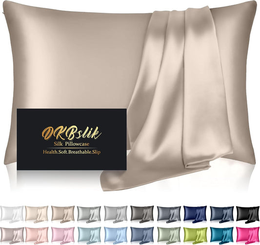 Silk Pillowcase for Hair and Skin, Mulberry Silk Pillow Cases Standard Size, Anti Acne Cooling Sleep Both Sides Natural Silk Satin Pillow Covers with Hidden Zipper, Gifts for Women Men, Champagne
