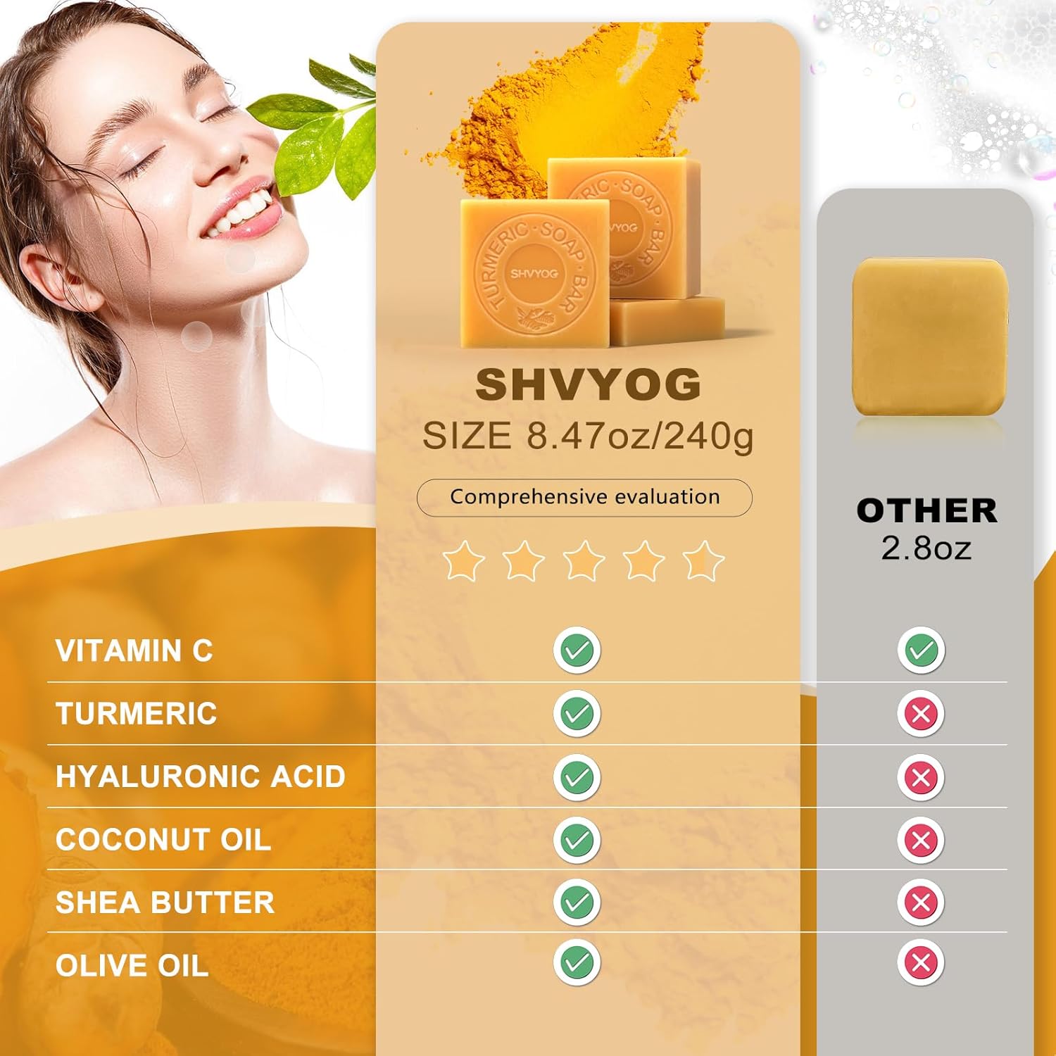 Kojiczuurzeep, kurkumazeep, vitamine C-zeep, acne-mee-eters donkere vlek verwijderen, hyaluronzuur voor diepe reiniging, zachte zeep voor hydratatie van gezicht en lichaam, met een schuimnet (3-pack)