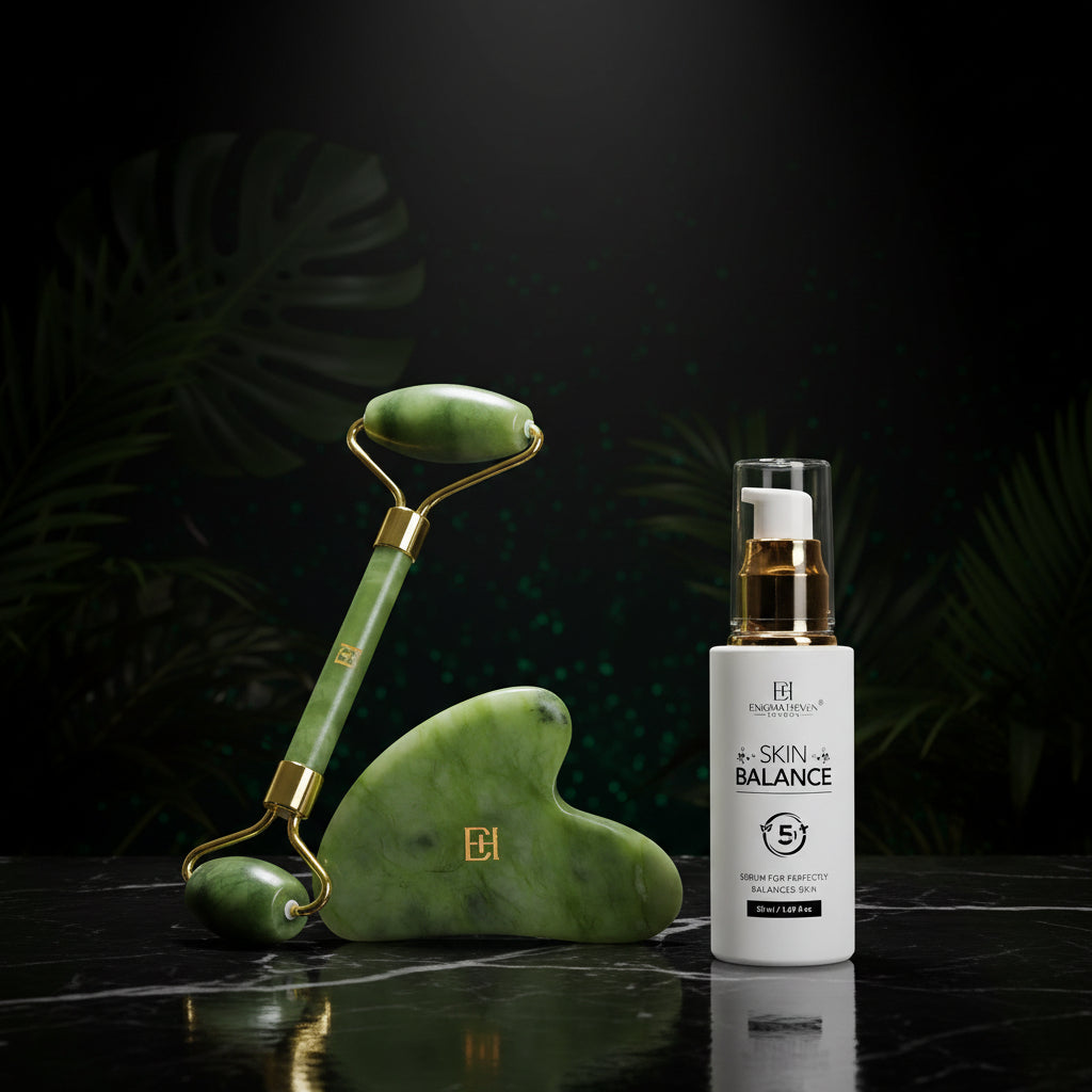 Premium Jade Roller & Gua Sha Set - 5-in-1 Skin Serum, Anti-Aging Glow Facial Massager, Luxury Skincare Gift for Women and Men (with Hyaluronic Acid + Vitamin C +
