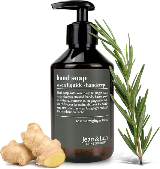 Jean & Len Handzeep Rozemarijn & Gember, reinigt gestreste handen, voor dagelijks gebruik, vloeibare zeep in navulbare pompdispenser, zonder parabenen, siliconen & microplastics, 250 ml