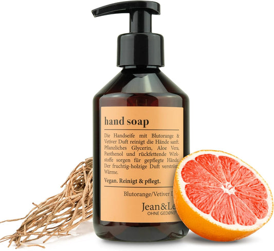 Jean & Len Handzeep Blood Orange & Vetiver, vloeibare zeep in pompdispenser voor schone en verzorgde handen, fruitig-bosachtige geur, zonder parabenen, siliconen & microplastics, veganistisch, 250 ml