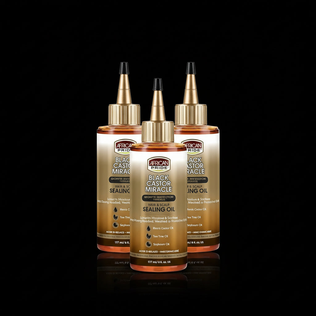 African Pride Black Castor Miracle Hair & Scalp Sealing Oil - Locks in Moisture & Soothes, Contains Black Castor Oil, Tea Tree Oil, Soybean Oil 6 oz (3 Pack)