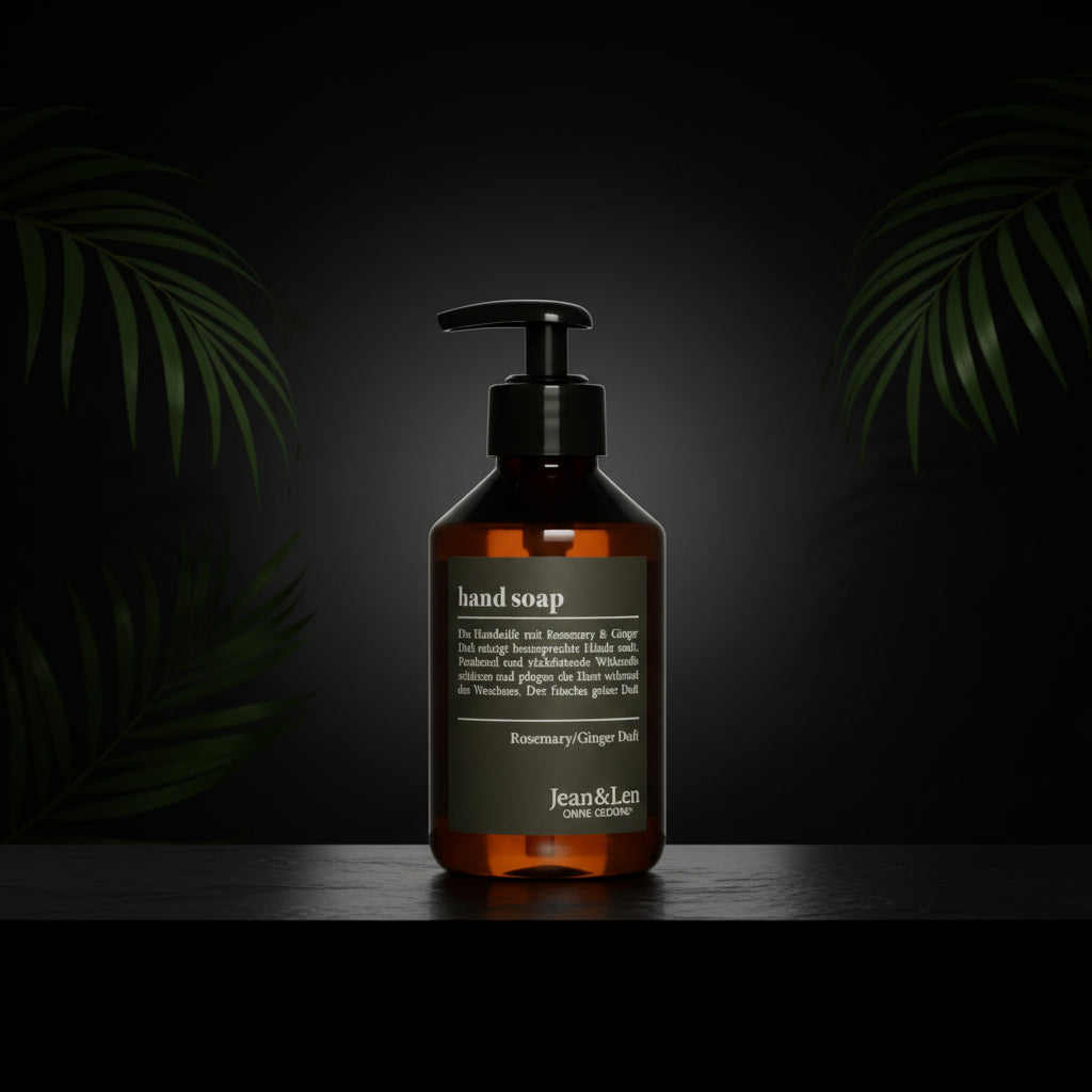 Jean & Len Handzeep Rozemarijn & Gember, reinigt gestreste handen, voor dagelijks gebruik, vloeibare zeep in navulbare pompdispenser, zonder parabenen, siliconen & microplastics, 250 ml