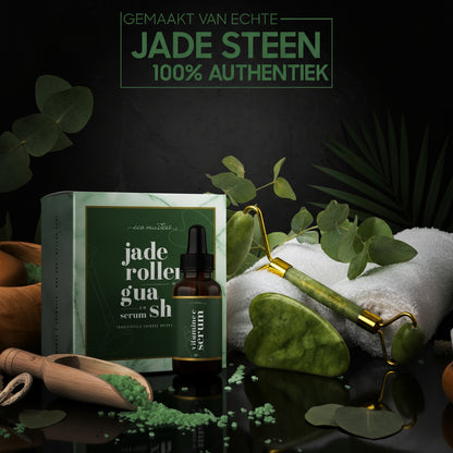 Jade Roller with Gua Sha and Vitamin C Serum - Aloe Vera & Retinol - Facial Roller - 100% Pure Jade Stone Facial Massage - Anti-Aging Massage Set