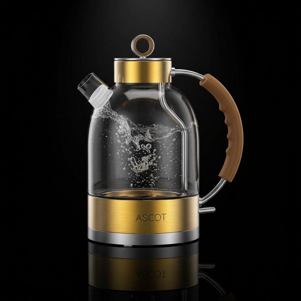 Glass teapot with gold accents and wooden handle on a white background