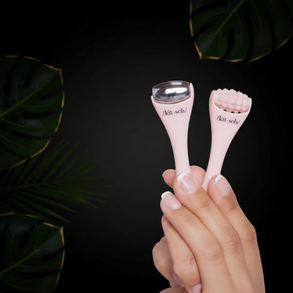 Kitsch Mini Ice Roller & Mini Face Roller Set with Pouch - Ice Roller for Face and Eye Puffiness | Facial Roller & Facial Massage Roller | Facial Roller for Puffy Eyes | Face Ice Roller (Blush)