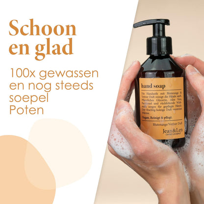 Jean & Len Handzeep Blood Orange & Vetiver, vloeibare zeep in pompdispenser voor schone en verzorgde handen, fruitig-bosachtige geur, zonder parabenen, siliconen & microplastics, veganistisch, 250 ml