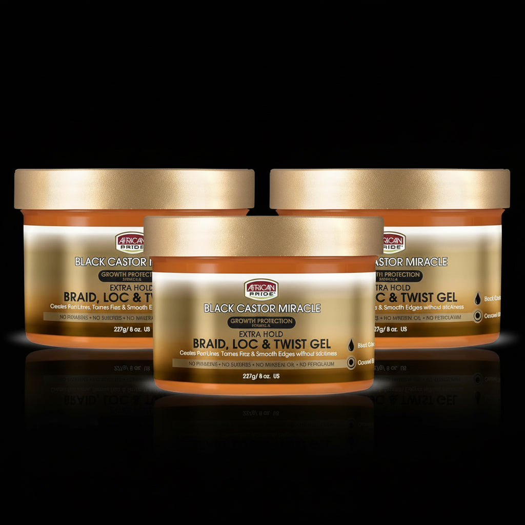 African Pride Black Castor Miracle Extra Hold Braid, Loc, Twist Gel - Tames Frizz & Edges, No Parabens, No Sulfates, No Mineral Oil, No Petrolatum, Contains Black Castor & Coconut Oil, 8 oz (3 Pack)